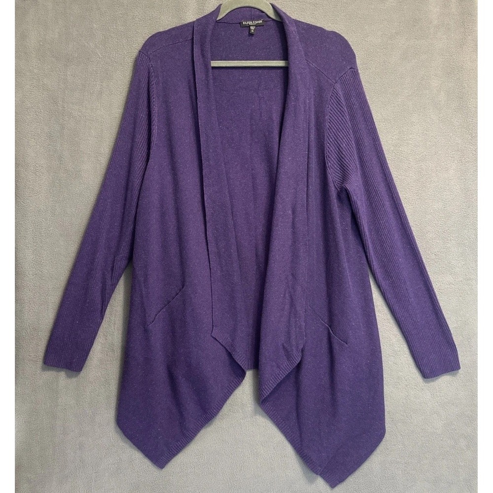 Eileen Fisher Cardigan Womens 2X Purple Melange Drape Front Cotton Blend R1MGL-1